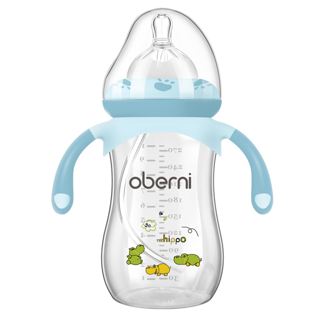 Oberni Weighted Baby Bottles with Size 4 Fast Flow Breast-Like Teat for 12 Months Plus / 1 Year Old Newborn Babies, 270ml/9oz, Non-Slip Handles, Anti-Colic, Blue/1 Pack