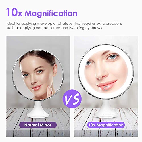 BEQOOL 10X Magnifying Lighted Makeup Mirror with Lights, 360Â°Rotation Vanity Mirror Portable Hand Cosmetic Light Up LED Mirror with Strong Sticky Suction Cup for Home Bathroom Shower Travel (Silver)