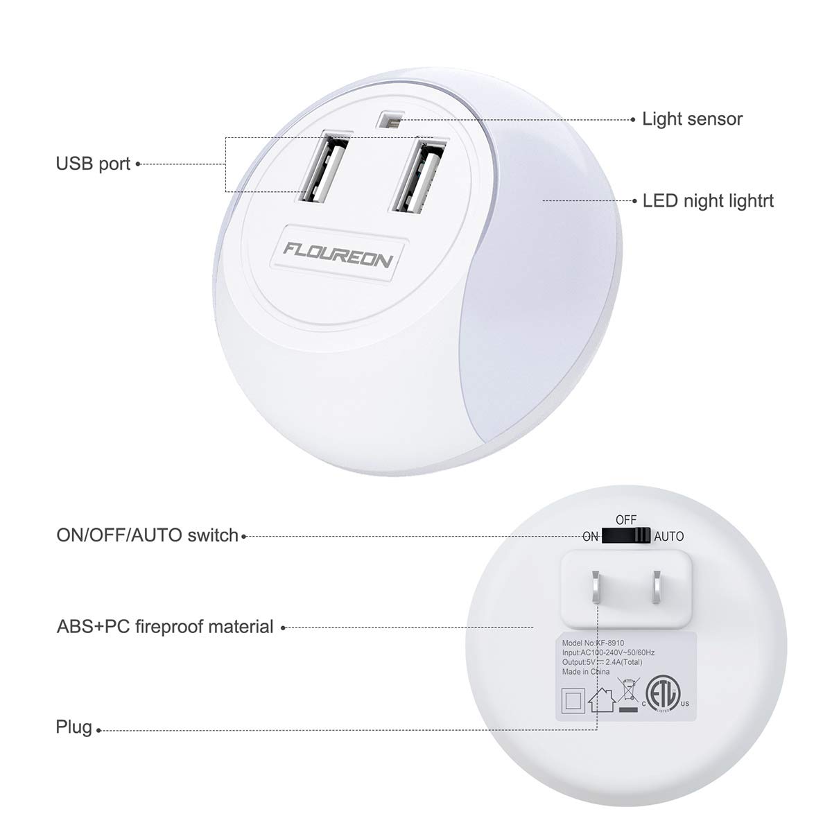 Floureon KF-8910 Led Night Light USB Charger Dusk to Dawn Sensor Dual USB Wall Plate Phone Charger (2 Pack)