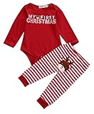 Baby My First Christmas 2 Piece Red Bodysuit & Striped Pant Set