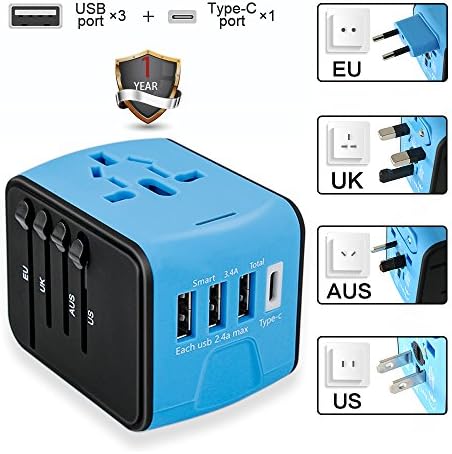 Travel Adapter, Universal International Travel Power Adapter With High Speed 2.4A x 3 USB Port And 3A Type-C Wall Charger, Worldwide ACTravel Adapter Plug for US, EU, UK, AU 150+ Countries