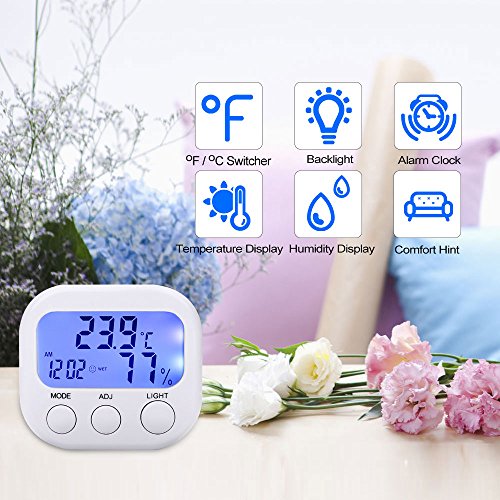 Wellish Digital Hygrometer Indoor Thermometer Humidity Monitor Temperature Humidity Gauge with Alarm Clock & Blue Backlight, Wireless for House