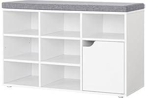 DINZI LVJ Shoe Bench, Entryway Storage Bench with Door and 7 Cubbies, Cubby Shoe Rack with Adjustable Shelves, Shoe Organizer Cabinet for Living Room, Bedroom, Mudroom and Garage, White