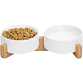 Ceramic Cat and Small Dog Bowl Set – Modern Indoor Small Size Pet Food and Water Bowls with Wood Stand – Non Slip Puppy Sized Feeding Station with Double Dishes