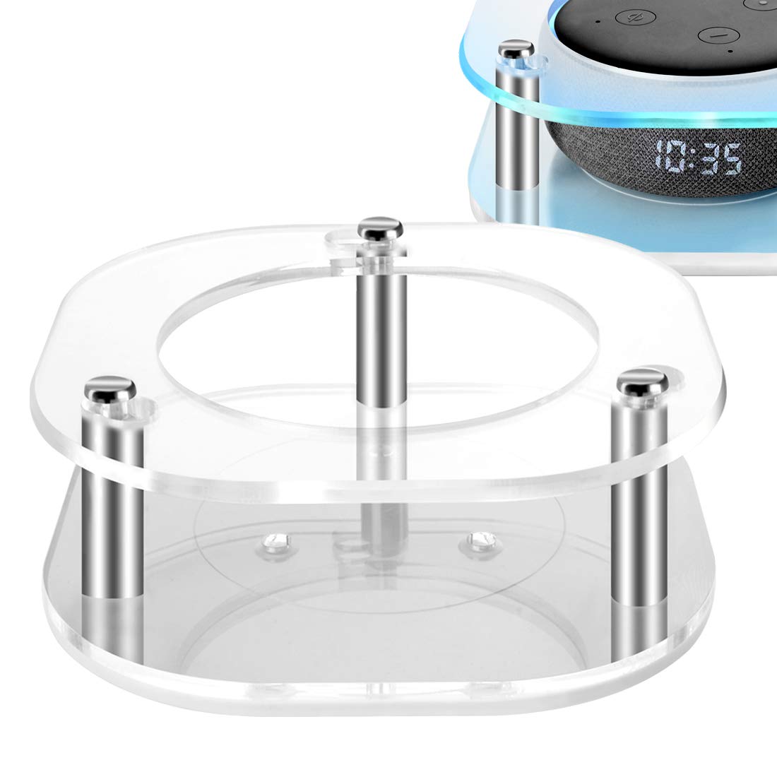 GEEKRIA Acrylic Clear Speaker Stand Wall & Countertop Mount Compatible with 2019 Echo Dot (3rd Gen) Smart Speaker with Clock, Stable Protective Holder (Rounded Square)