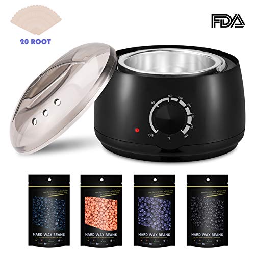 Wax Warmer Hair Removal Kit, Professional Wax Heater Pot Self-Waxing Spa 4 Flavors Hard Wax Beans + 20 Wax Applicator Sticks Upgraded Temperature Setting Electric Wax Heater Home Waxing