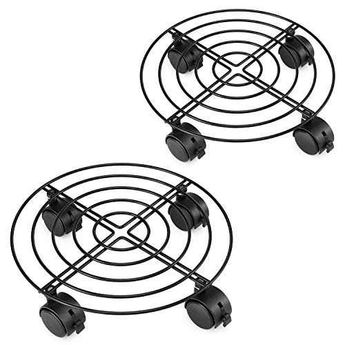 Magicfly Movable Plant Caddy, 2 Pack 10.6” Pre-Install Round Plant Stand on Wheels Heavy Duty Metal Potted Plant Dolly for Outdoor & Indoor with Lokable, Black
