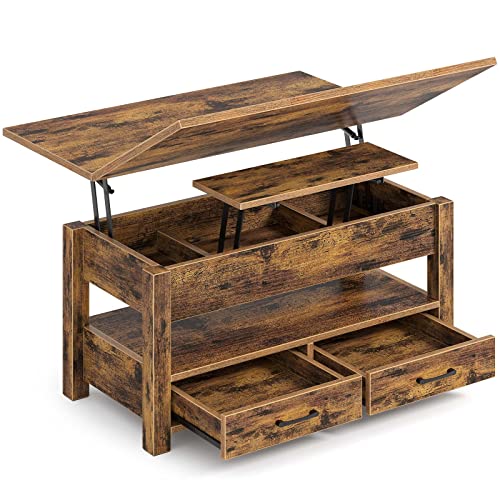 Rolanstar Coffee Table Lift Top, Multi-Function Convertible Coffee Table with Drawers and Hidden Compartment, Converts to Dining Table for Living Room, Home Office, Rustic Brown Image