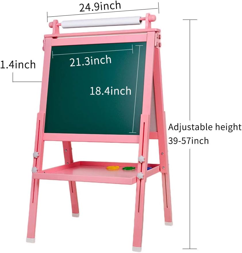 BeebeeRun 3 in 1 Wooden Kids Easel Double-Sided Drawing Board Whiteboard & Chalkboard Dry Easel with Drawing axis & Paper Roll, Numbers, Paint Cups for Writing Kids Boys Girls (Pink): Home & Kitchen
