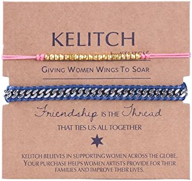 KELITCH 2 pcs/set Thin Slim Cord Rope String Stainless Steel Gold-Plated Stone Chain Bracelet - Blue