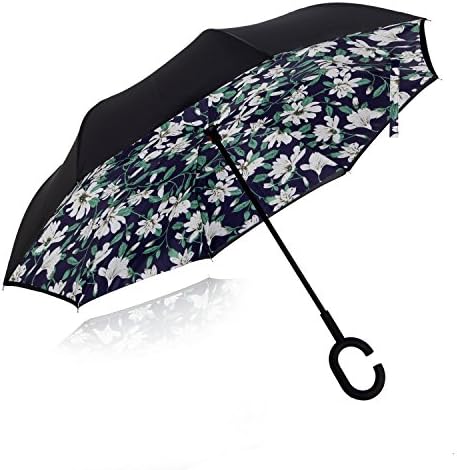 Strawberry Double Layer Wind/UV Proof Reverse Folding Inverted Travel Umbrella with C Shape Handle and Carrying Bag, Dark Lily