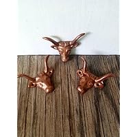 COPPER LONGHORN BULL WALL HOOKS SET OF 3 - DRAWER PULLS - RUSTIC COWBOY WESTERN DECOR