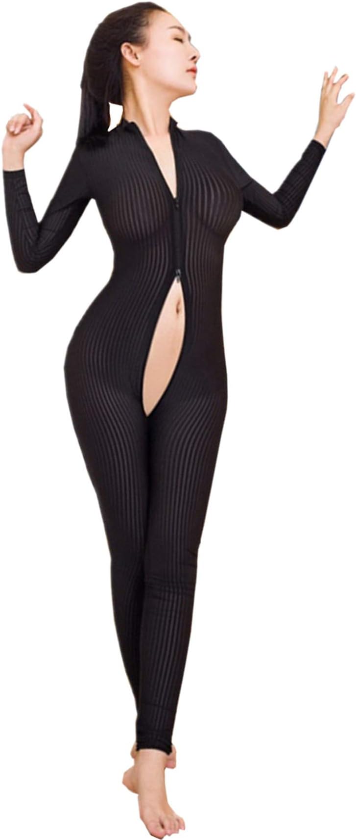 Womens Open Crotch Jumpsuits Perspective Sexy Zipper Long Sleeves Corset Catsuit Teddy Cosplay (Black)