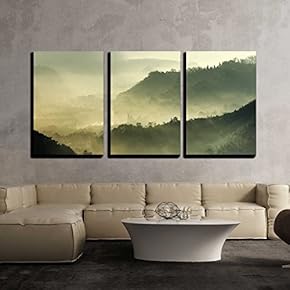 3 Piece Canvas Wall Art - Morning Sunshine with Fog - Modern Home Art Stretched and Framed Ready to Hang - 16"x24"x3 Panels