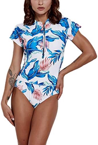 One Piece Swimsuit - Short sleeve Fashion FLower Printed Plus Size Front zipper Surfing Swimsuit Push Up Swimwear with Chest Pad, no steel ring Swimming Costume