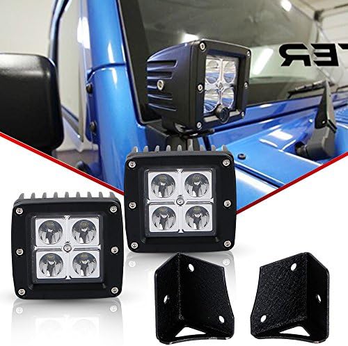 TURBOSII A-Pillar Upper Roof Windshield Mounting Brackets Hinge Mount Brackets With 3x3Inch Spot Pods Cube Led Fog Lights Fit 1997-2006 Jeep Wrangler TJ 4WD, 2004-2006 Jeep Wrangler Unlimited LJ 4WD