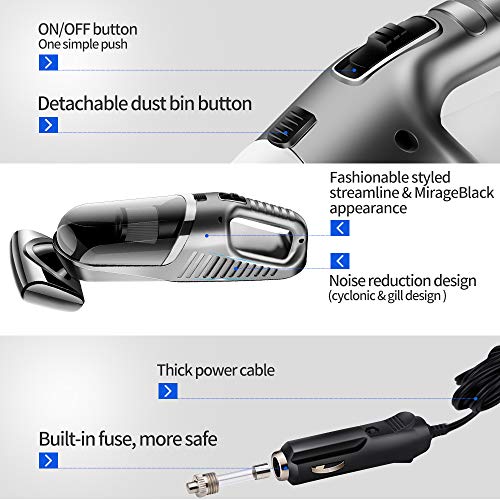 Gugusure GSR-New Silver Grey 4000pa Corded High Power, Lightweight Handheld Vacuum Cleaner for Car Interior Cleaning with 14.7Ft Cable, 120W DC 12V