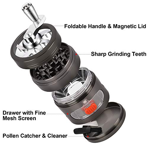 Hand Cranked Herb Grinder, 4 Piece 2.5" Large Capacity Spice Grinder with Drawer and Pollen