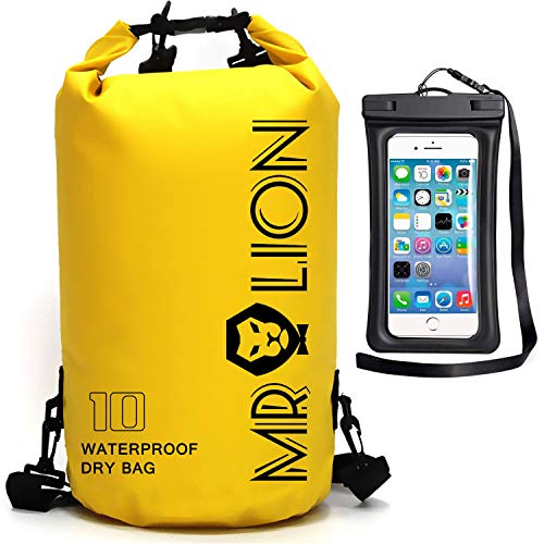 Waterproof Dry Bag - Roll Top Dry Compression Sack Keeps Gear Dry for Kayaking, Beach, Rafting, Boating, Hiking, Camping, Swimming, Floating and Fishing with Waterproof Phone Case (Yellow, 10L)