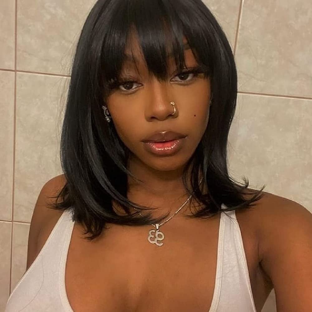 Human Hair Wig Bob Wig Human Hiar 14 inch Human Hair Wigs for Black Woman Straight Bob Wigs with Bangs None Lace Front 150% Density Natural Black Color