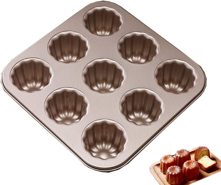 SZETOSY 9-Cavity Cannele Mould - GOODCHANCEUK Carbon Steel Nonstick Cupcake Moulds 9 Cup Muffin Molds Canneles Tin Golden Baking Pan Bakeware
