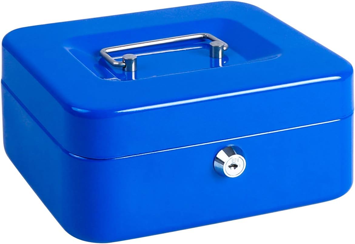 Cash Box with Money Tray, Metal Locking Money Box with Key Lock for Security 7 4/5" x 6 4/5" x 3 3/5", Blue