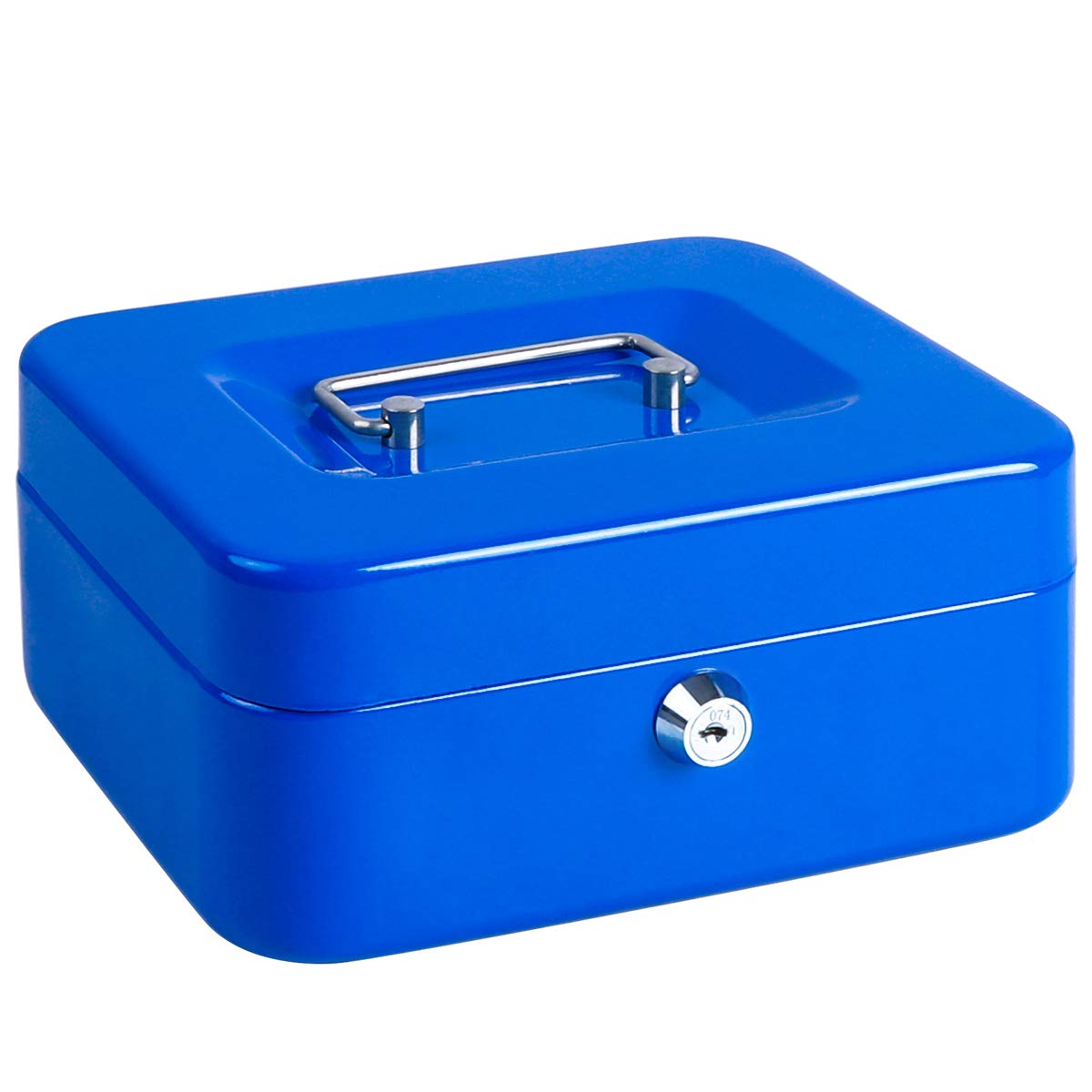 Cash Box with Money Tray, Metal Locking Money Box with Key Lock for Security, 7 4/5" x 6 4/5" x 3 3/5", Blue
