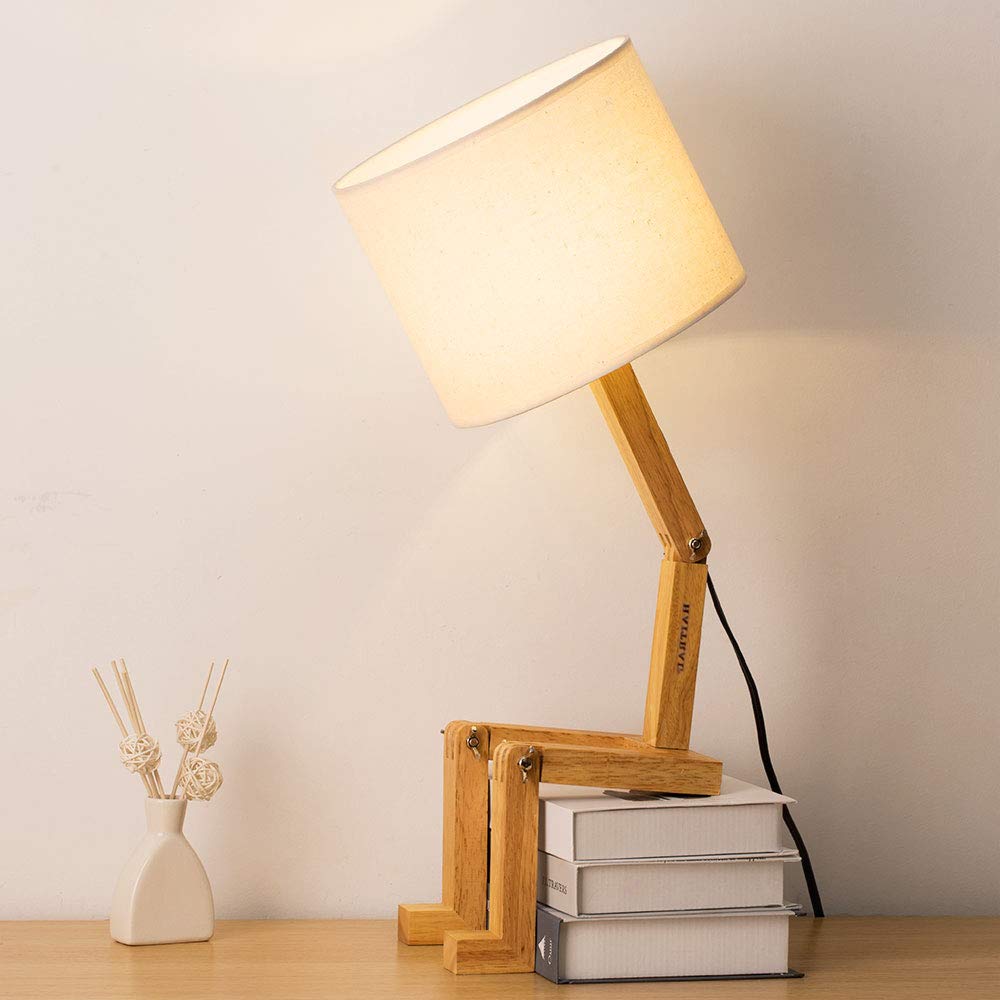 HAITRAL Swing Arm Desk Lamp - Modern Creative Table Lamp Natural Wood Bedside Nightstand Lamp for Bedroom, Study, Office, Work, Kids Room, Ideal Gifts