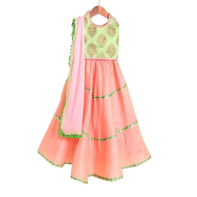 Kids Chakra By Hopscotch Girls Cotton Solid Lehengas & Blouses In Peach Color