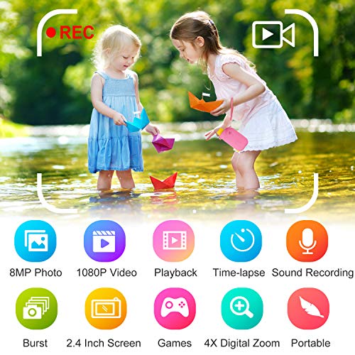AILEHO Kids Camera for Girls Digital Video Camera for Kids Birthday Children Toys 3 4 5 6 7 8 9 Years Old Toddler Camera 8M 1080P with 8GB Card Game Camera Rechargeable IPS 2.4\