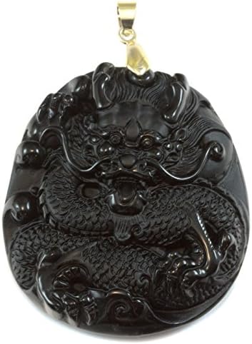 Spyglass Designs Obsidian Pendant Large Goldtone Necklace Bail Carved Fired Dragon 2 Inches Long