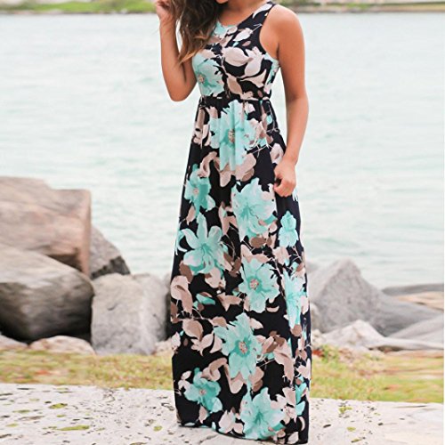 Vovotrade Women Sleeveless Floral Print Maxi Beach Long Dress With Pockets (L, Blue)