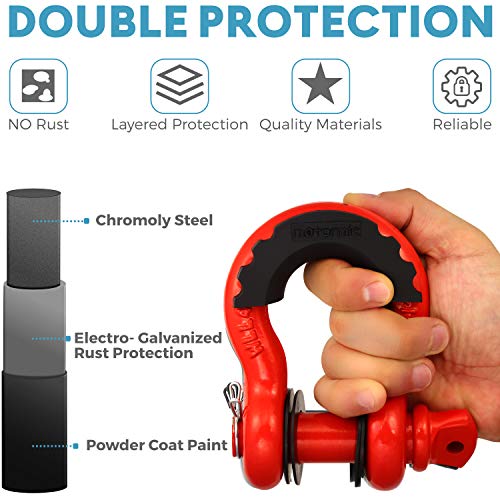 motormic RED D Ring Shackles 2pack - 3/4" Clevis Shackle with 7/8" Pin - Max 57,000 lbs Break Point - 2 Black Isolators and 8 Black Washers - Heavy Duty DRing for Tow Strap and Jeep Towing