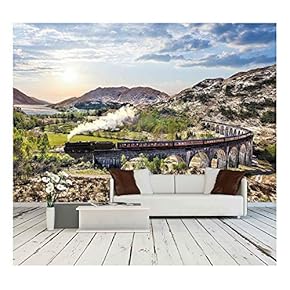 Glenfinnan Railway Viaduct in Scotland with The Jacobite Steam Train Against Sunset Over Lake - Removable Wall Mural | Self-Adhesive Large Wallpaper - 66x96 inches