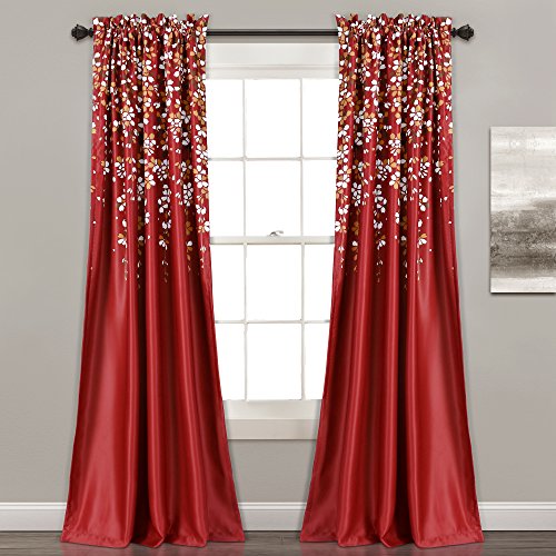 Lush Decor Weeping Flowers Darkening Window Curtains Panel Set for Living, Dining Room, Bedroom (Pair), 52 W x 84 L, Red