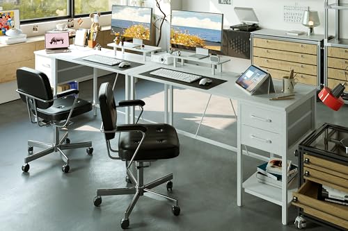 Xyphren 100cm Computer Desk with Drawers & Power Outlets, Office Desk with Storage Monitor Stand, Reversible Small Desks for Home Office Bedroom, White