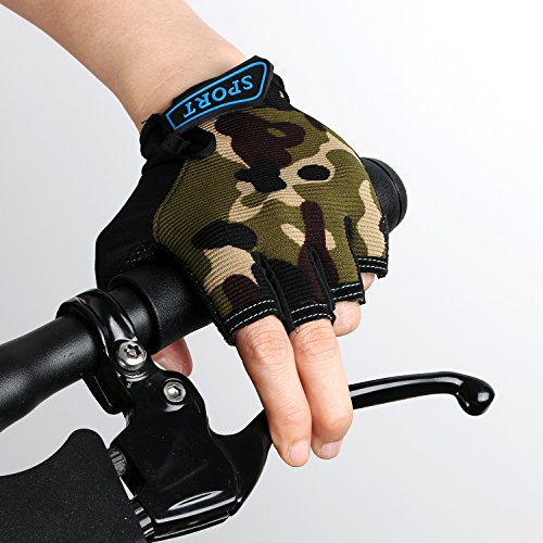 Boy Girl Child Children Kid Half Finger Fingerless Short Shock-absorbing No-Slip Pro Cycling Gloves Mitten for Cycling MTB Exercise Skate Skateboard Roller Skating Other Sports (army green)