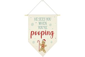 EODFFSGF He Sees You When You're Pooping Wall Sign Funny Gingerbread Christmas Wall Decor Candy Cane Xmas wall Art Decoration Christmas Canvas Banner Wall Hanging Holiday Vacation