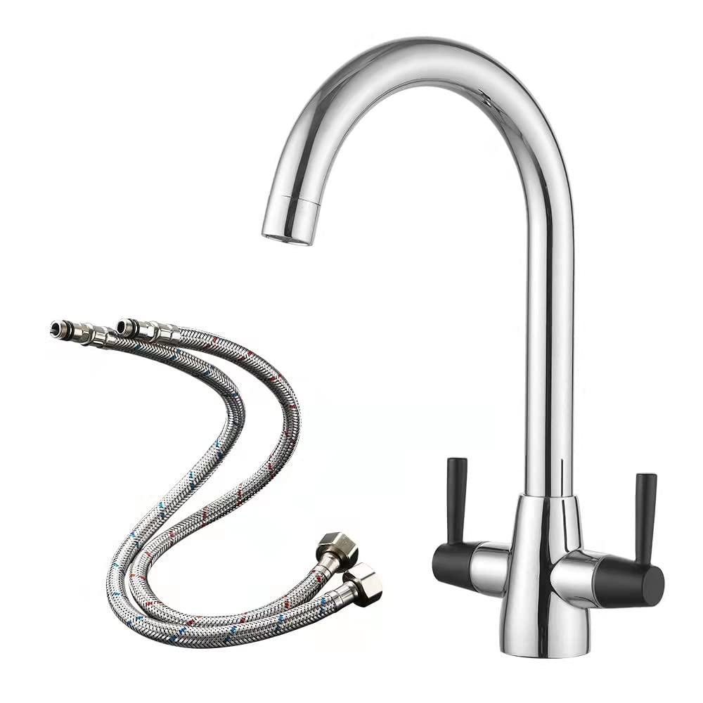 Heable Kitchen Mixer Tap Black Dual Lever Swivel Spout Chrome Sink Taps with UK Standard Fittings
