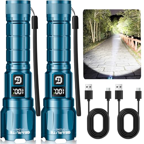 GEARLITE LED Rechargeable Torch, 3 Light Modes, 6000 L, Super Bright Zoomable Torches with LCD Battery Display, IP65 Waterproof & XHP70.2 Tactical Torch for Camping, Fishing, Emergencies (2, Blue)