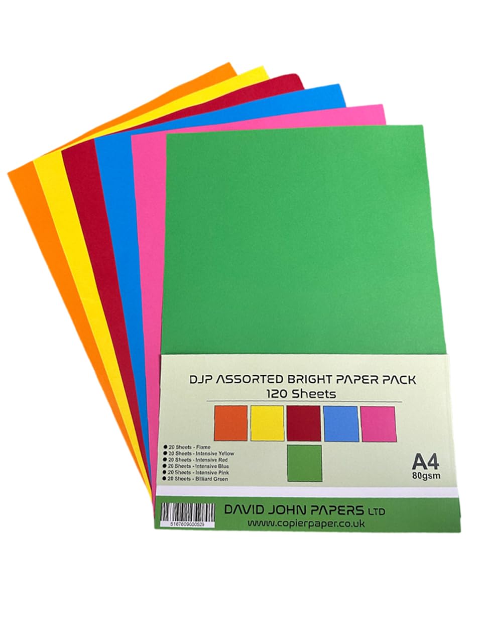 DUSTPIC DJP A4 Assorted Coloured Bright Paper Pack, 80gsm - 120 Sheet - 6 Colours