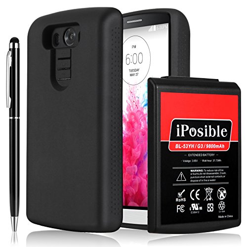 LG G3 Battery iPosible [9800mAh] Extended Battery with Black Protection Cover Case (More than 3X Extra Battery Power) for LG G3 All Versions [24 Month Warranty & 2 in 1 Stylus Pen Included]