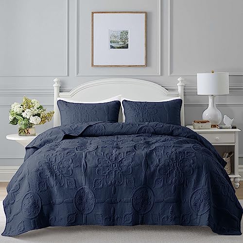 B2EVER Navy Blue Damask Quilt King 3 Pieces