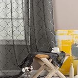 jinchan Sheer Curtains Geometric for Living Room Moroccan Embroidered Curtains Lattice Quatrefoil Semi Sheer Curtains 63 Inch Length Window Panel Pair, Double Width, Charcoal Grey