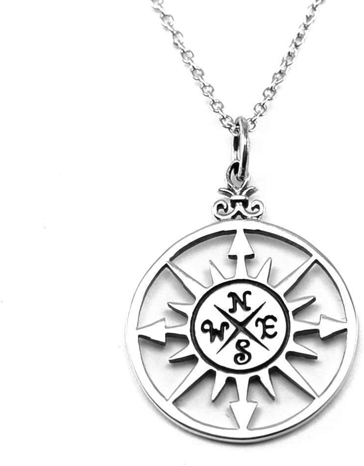 Sterling Silver Compass Rose Pendant Necklace, 20"