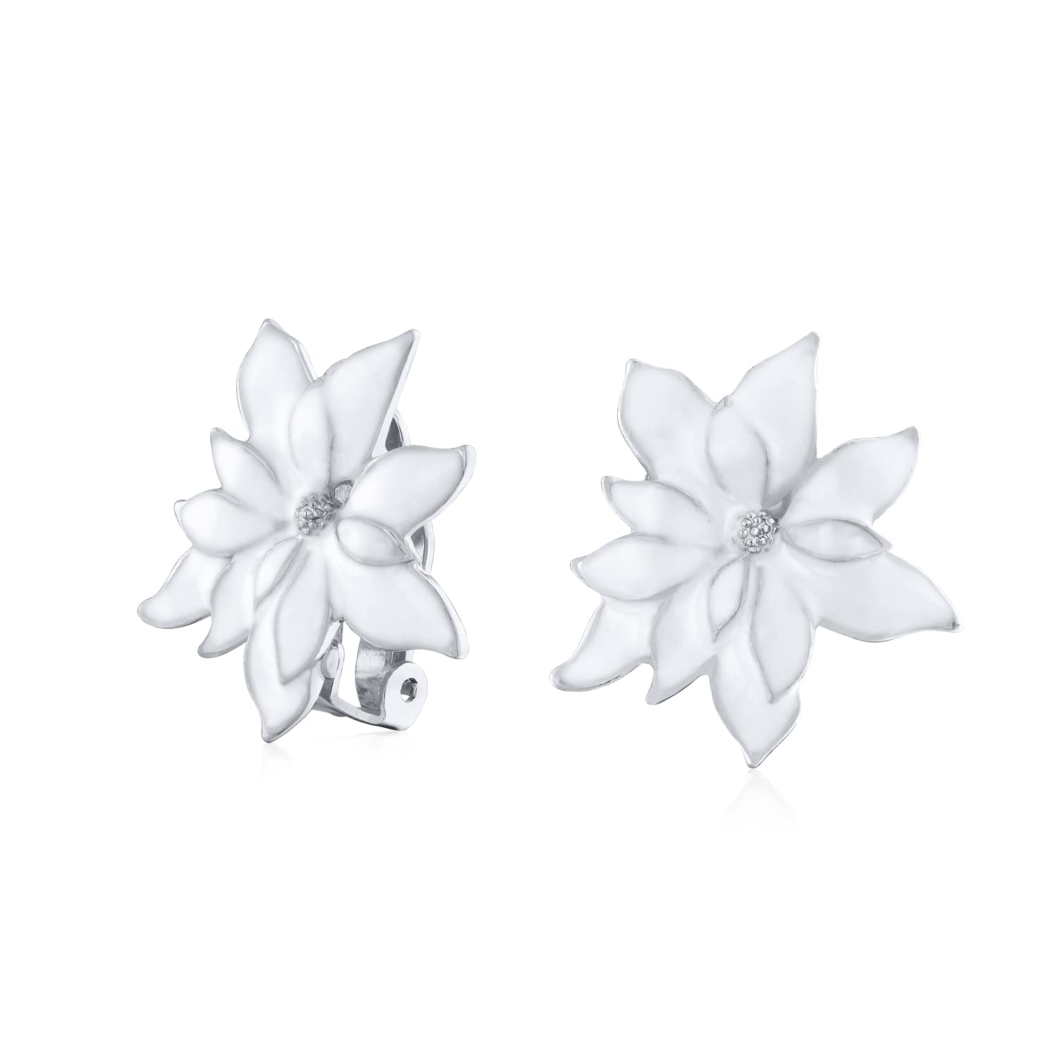Christmas Party White Enamel Statement Flower Shape Poinsettia Clip On Earrings for Women with Non-Pierced Ears - Silver Plated Edge