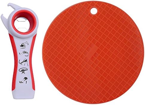 Can and Bottle Opener Jar Gripper Tool Help Screw Off Top Caps and Pull Tabs Assist to Pry Lids Off 5 in 1 Multi Kitchenware with Non-Slip Jar Opener Pad Sold by Veset (Red White)