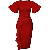 Memoriesea Women's Basic Vintage Ruffle Sleeve Ruched Bodycon Work Midi Pencil Dress
