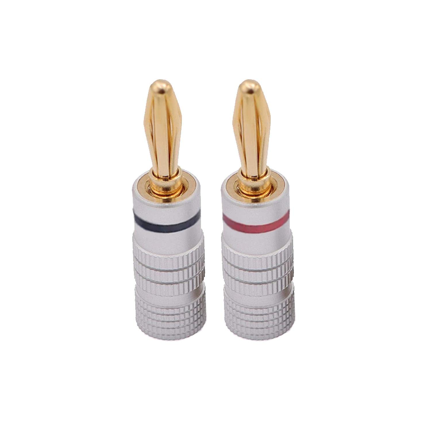 2 x Banana Plug Loudspeaker 1 Pair - 24 K Gold-Plated Screwable - Speaker Cable 0.75 mm to 4 mm - HiFi AV Receiver Audio Cable Connector Spring Connector Lamella Plug | Silver