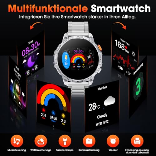 Men's Military Smartwatch with 1000 mAh Battery/2 Bracelets/1.75 Inch HD Large Display Sports Watch/110+ Sports Modes Fitness Watch/LED Torches/24/7 Heart Rate/Sleep Monitor/IP68 Waterproof for iOS